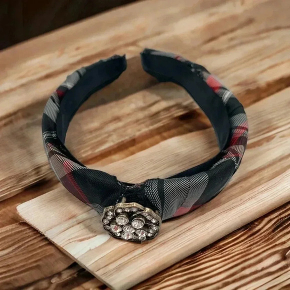 Preppy Bling Red Plaid Silk Headband with Bling Rhinestone Street Style - Picture 6 of 8